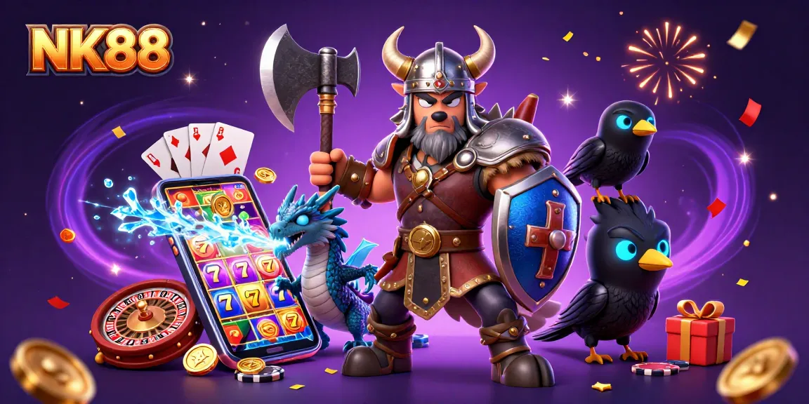 Experience the thrill of NK88 with captivating 3D Viking warrior and gaming elements.