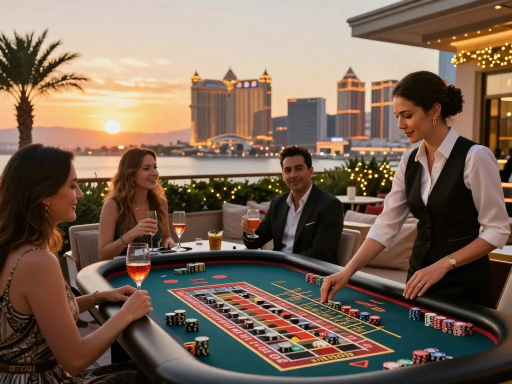 Engaging CM88 roulette gameplay on a luxury casino terrace with vibrant sunset backdrop.