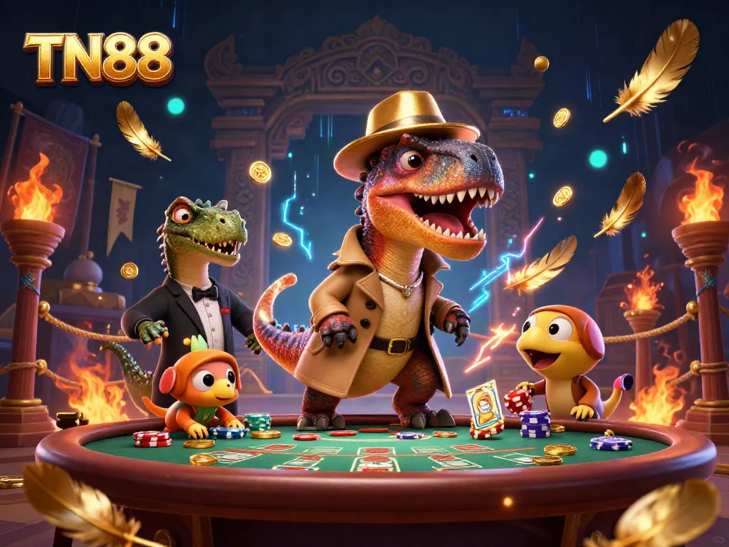 Experience the excitement at TN88 with cartoon dinosaurs playing casino games surrounded by glowing effects.