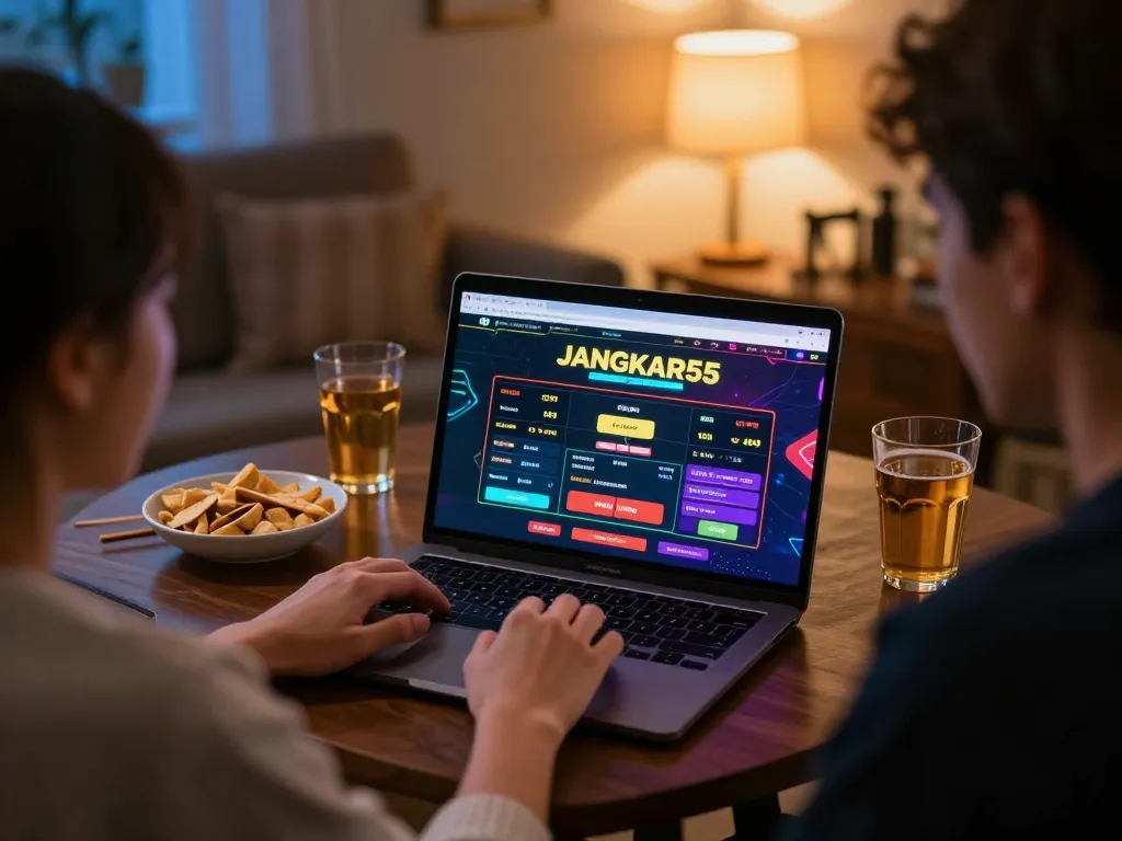 Players engaging in online gaming with JANGKAR55, enjoying a cozy home environment.