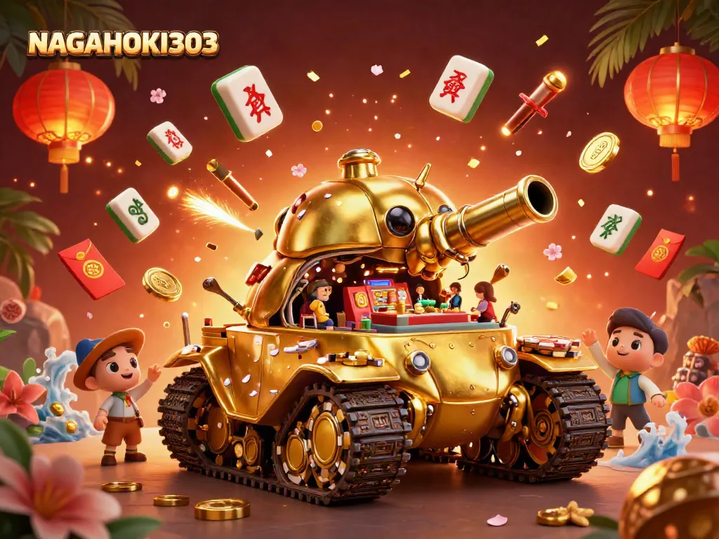 NAGAHOKI303 showcases an epic casino tank bursting with games and confetti, perfect for gamblers.