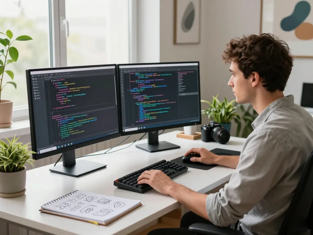 Developer coding crush ai on dual monitors in a vibrant tech workspace.