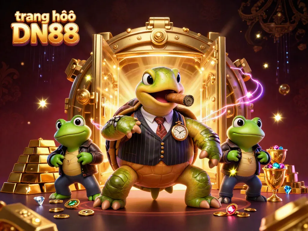 Engage with thrilling entertainment at trang chủ DN88, featuring excited cartoon characters and dazzling casino elements.