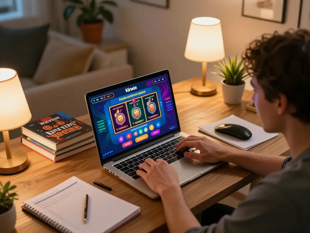 Kkwin user engaged in online gaming session on laptop, showcasing a vibrant casino interface