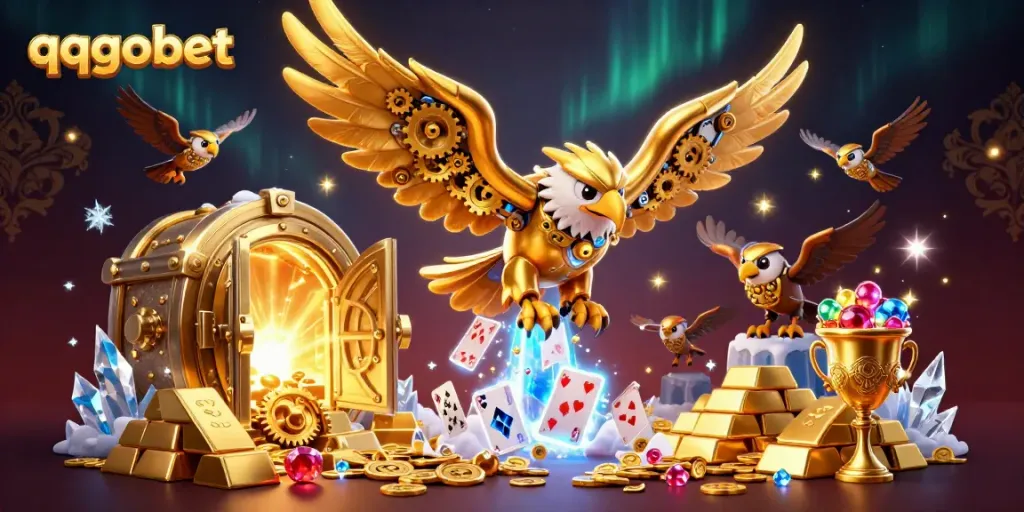 qqgobet menawarkan pengalaman judi bernuansa mewah dengan gambar elang cybernetic dan harta karun emas.