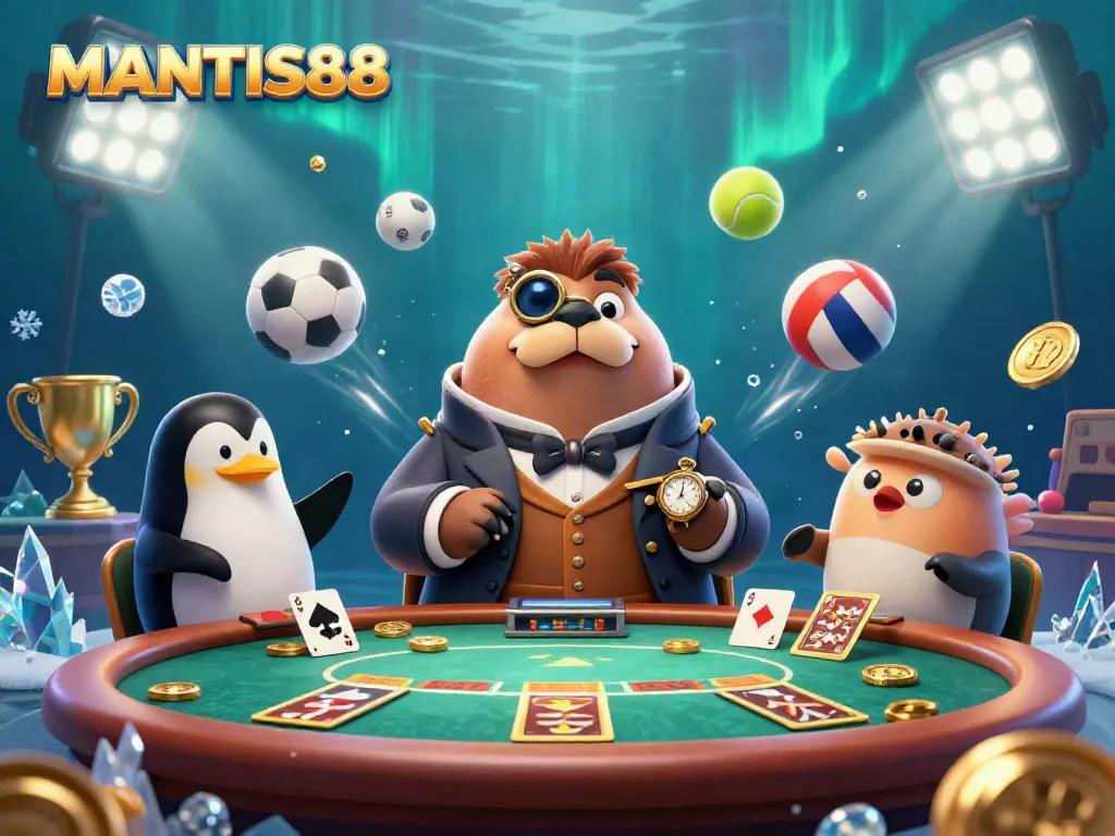 Experience MANTIS88 with a thrilling underwater poker scene featuring a walrus, pig dealer, and bluffing pufferfish.