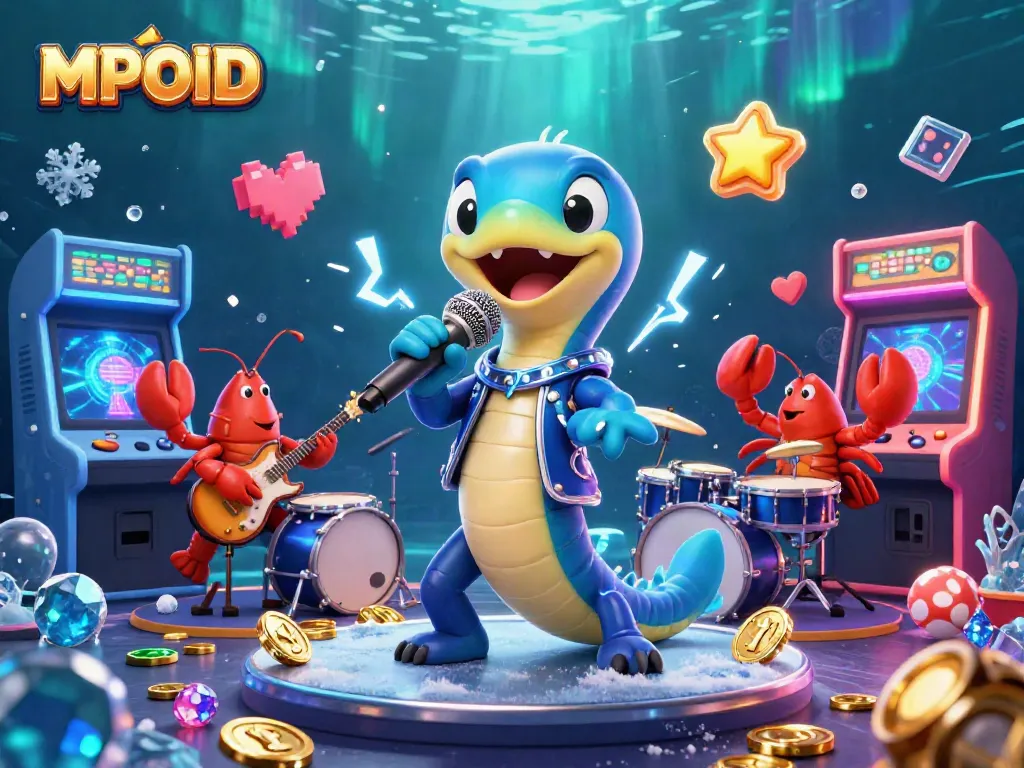 MPOID features lively underwater gaming with a cartoon eel DJ and vibrant gaming machines, showcasing excitement for players.