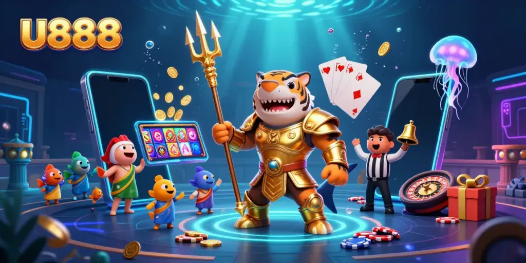 Experience thrilling games at u888 with a vibrant underwater casino scene featuring a tiger shark, gold coins, and slot games.