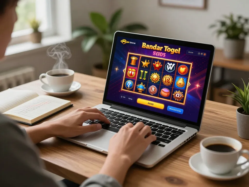 Bagian menarik dari pemain online menggunakan aplikasi Bandar Togel Slot di laptop, menampilkan antarmuka permainan yang hidup.