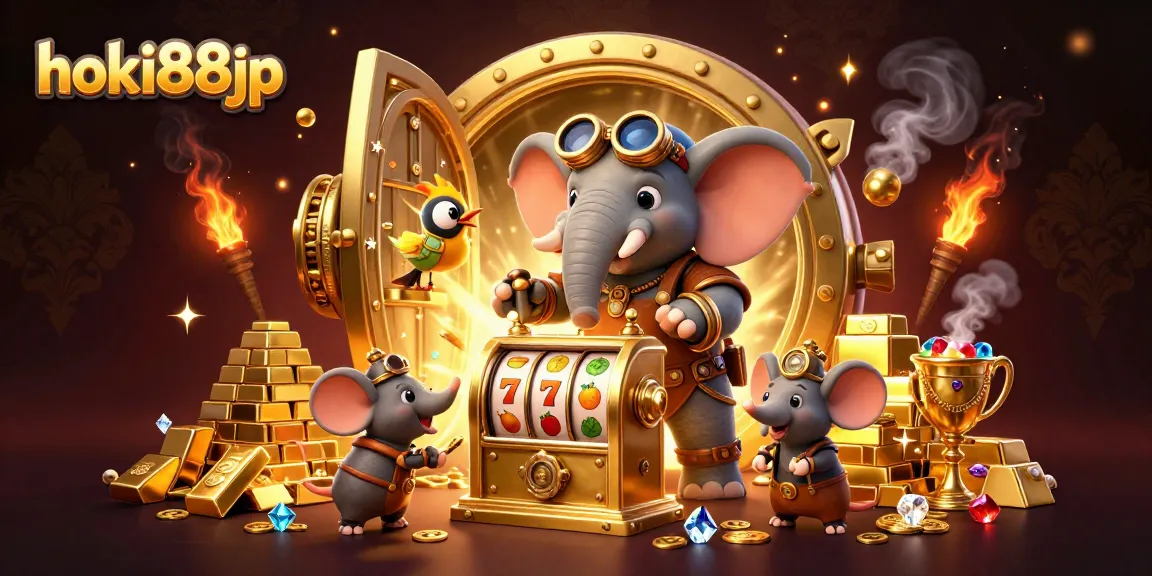 Memenangkan permainan di hoki88jp dengan mesin slot yang megah dan karakter menggemaskan dalam suasana casino yang berkilau.