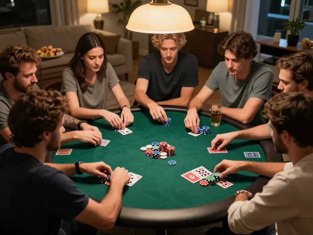 Friends strategizing during a home poker game night at kerajaanslot, showcasing chips and cards in a warm setting.