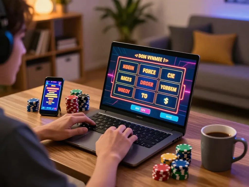 Engaging gameplay on IDNSCORE slots in a cozy home gaming setup with vibrant chips and laptop interface.