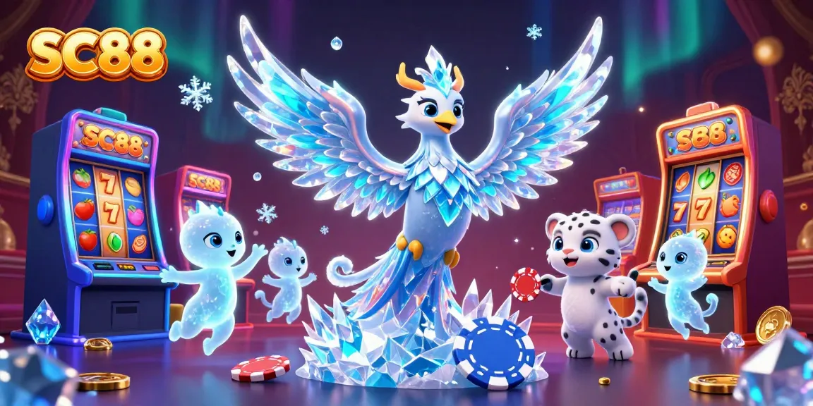 SC88 casino scene with a lively ice phoenix and a snow leopard cub playing chips among vibrant slots.
