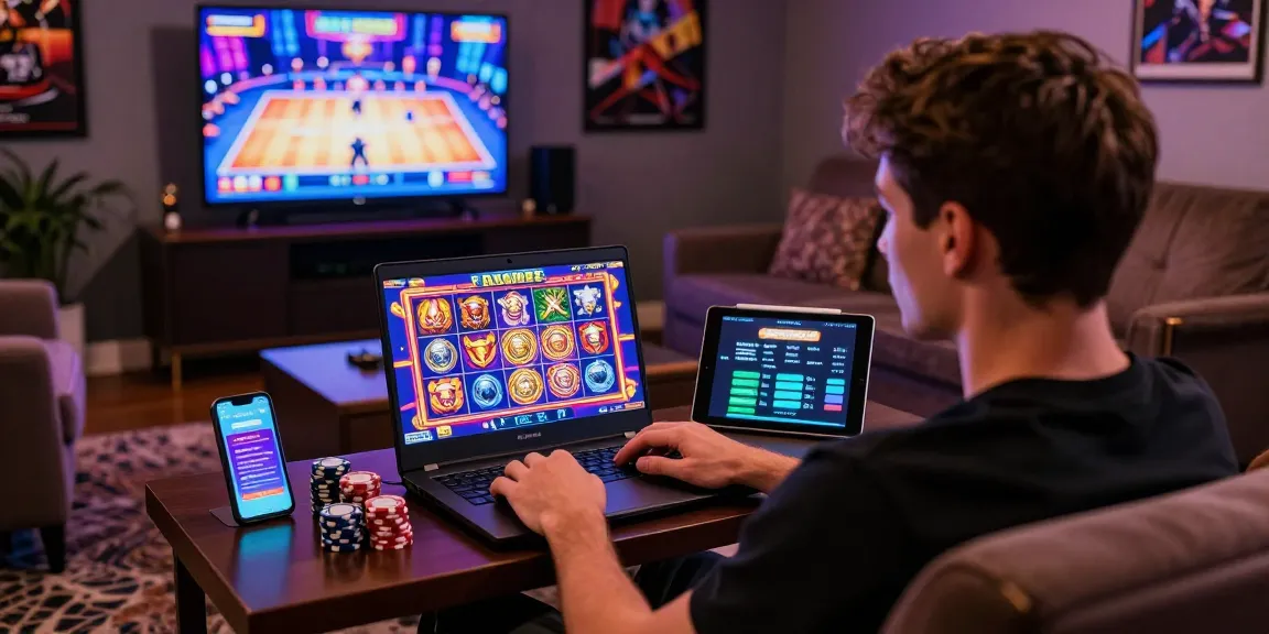 situs slot raffi ahmad gaming experience with colorful slot graphics, laptop, and casino chips