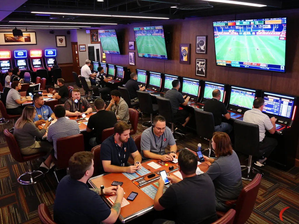 Kèo nhà cái sports betting scene with excited bettors engaging and placing wagers.