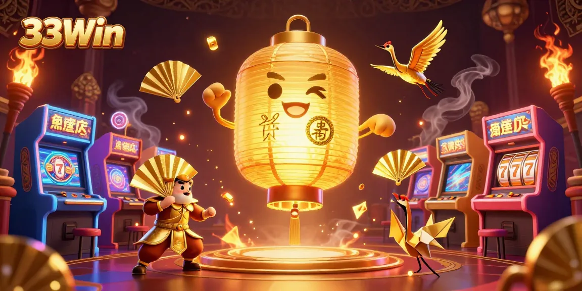 Engage in thrilling gaming with 33Win's vibrant 3D illustration featuring a mystical lantern spirit amidst casino excitement.
