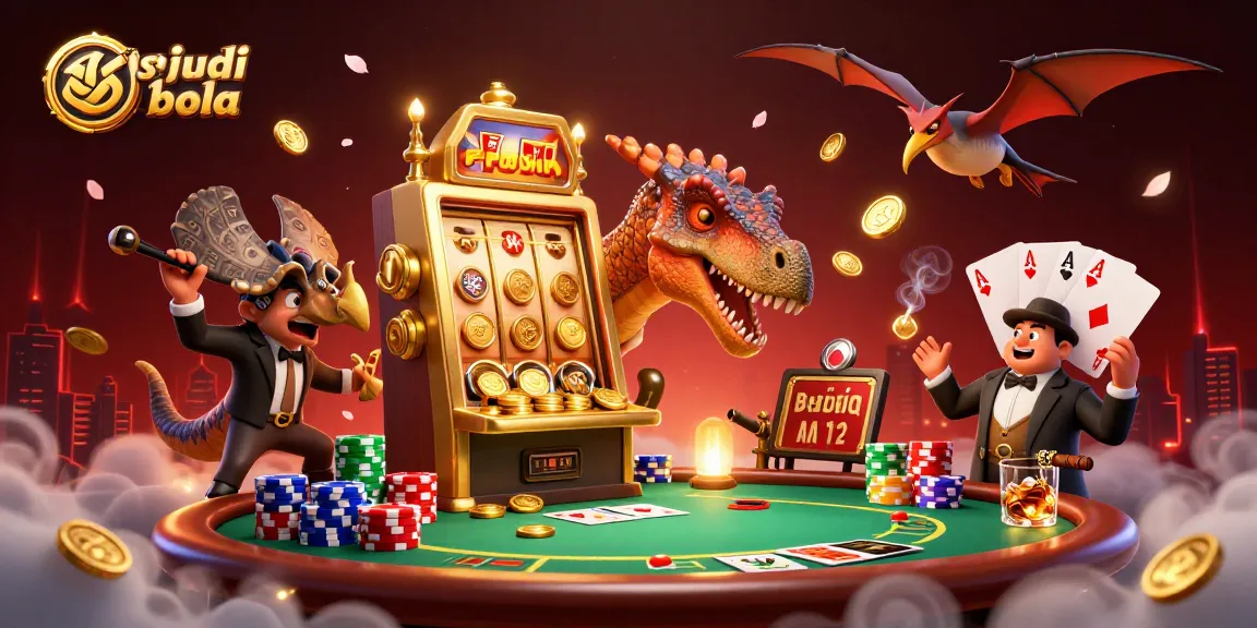 Enjoy thrilling action at situs judi bola as a cartoon dinosaur interacts with a golden slot machine.