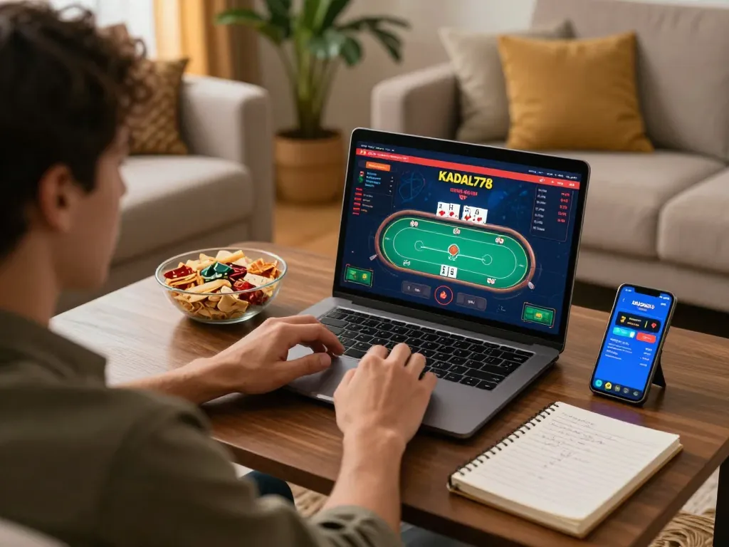 KADAL778 player engaged in online poker at home, showcasing cozy atmosphere and responsible gaming.