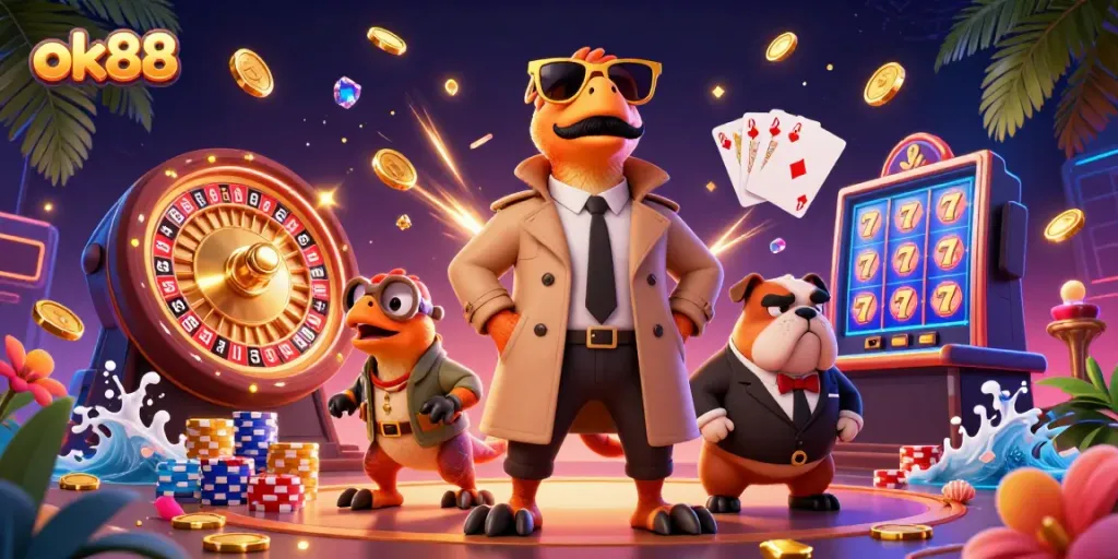 Catch the excitement at ok88's VIP lounge with raptors and casino elements.
