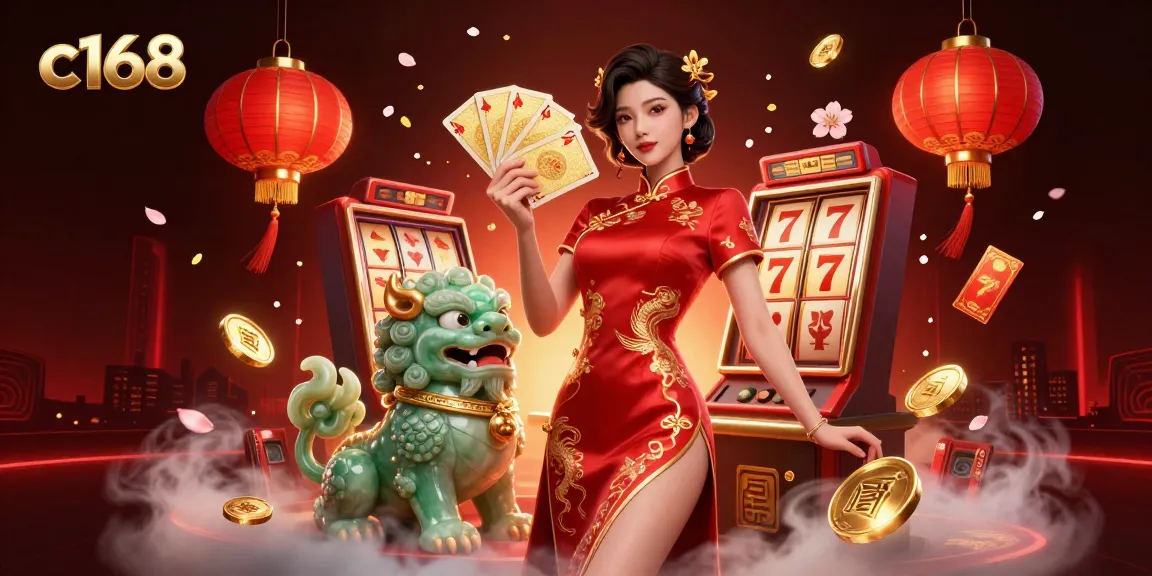 Engage in thrilling c168 slot games with a vibrant casino scene featuring a woman in a qipao.