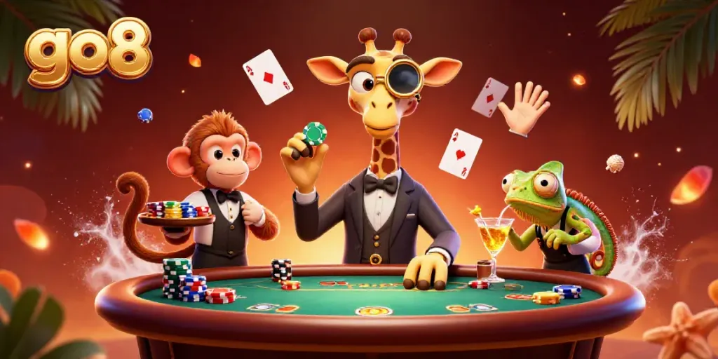 Join the exhilarating go8 poker action with a high-roller giraffe, monkey valet, and chameleon bartender.