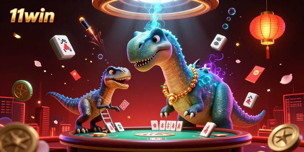 Engage in winning strategies with 11win's vibrant casino scene showcasing 3D characters and Mahjong elements.
