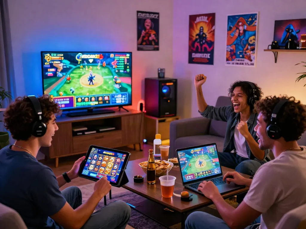 Pengalaman bermain pecah25 slot online dengan teman-teman di ruang tamu yang bernuansa ceria.