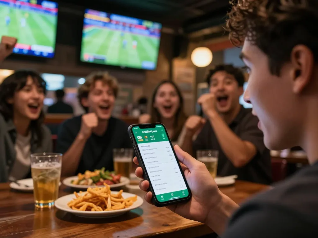 Experience cm88betjuara sports betting with friends, analyzing game odds in a lively sports bar.