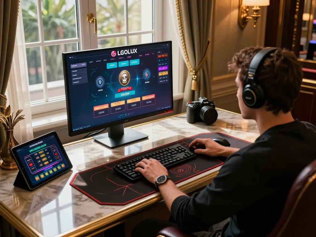 Engaged player enjoying LGOLUX online casino gaming experience in a luxurious setting.