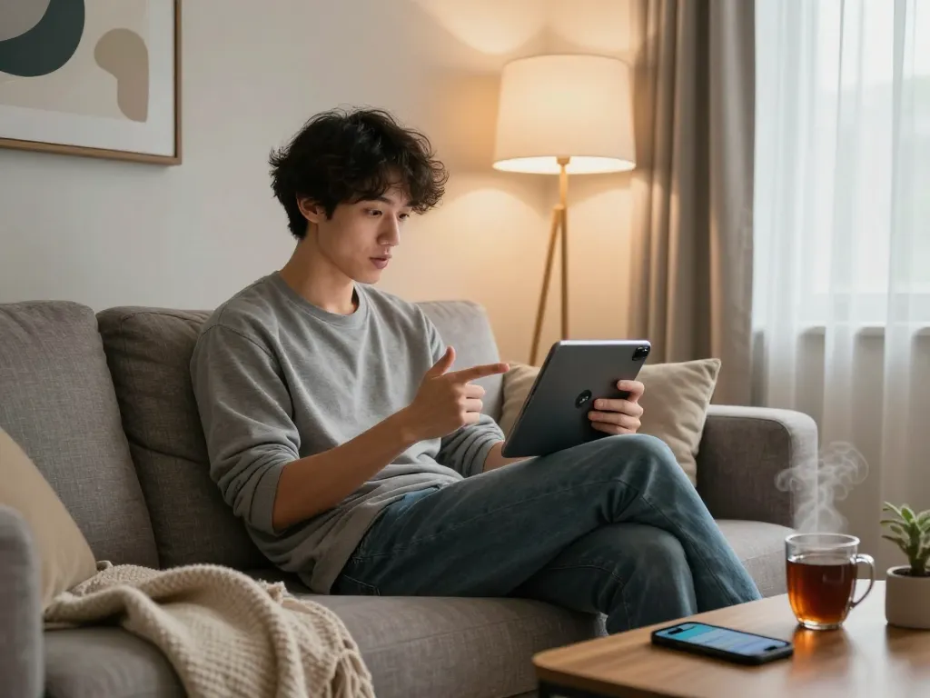Engaging in AI sexting on a tablet in a cozy home setting with playful decor elements.