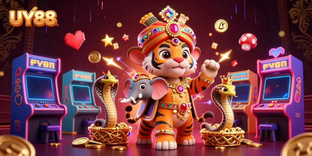 Experience UY88's vibrant casino atmosphere with a maharaja and elephant amidst vivid gaming elements.