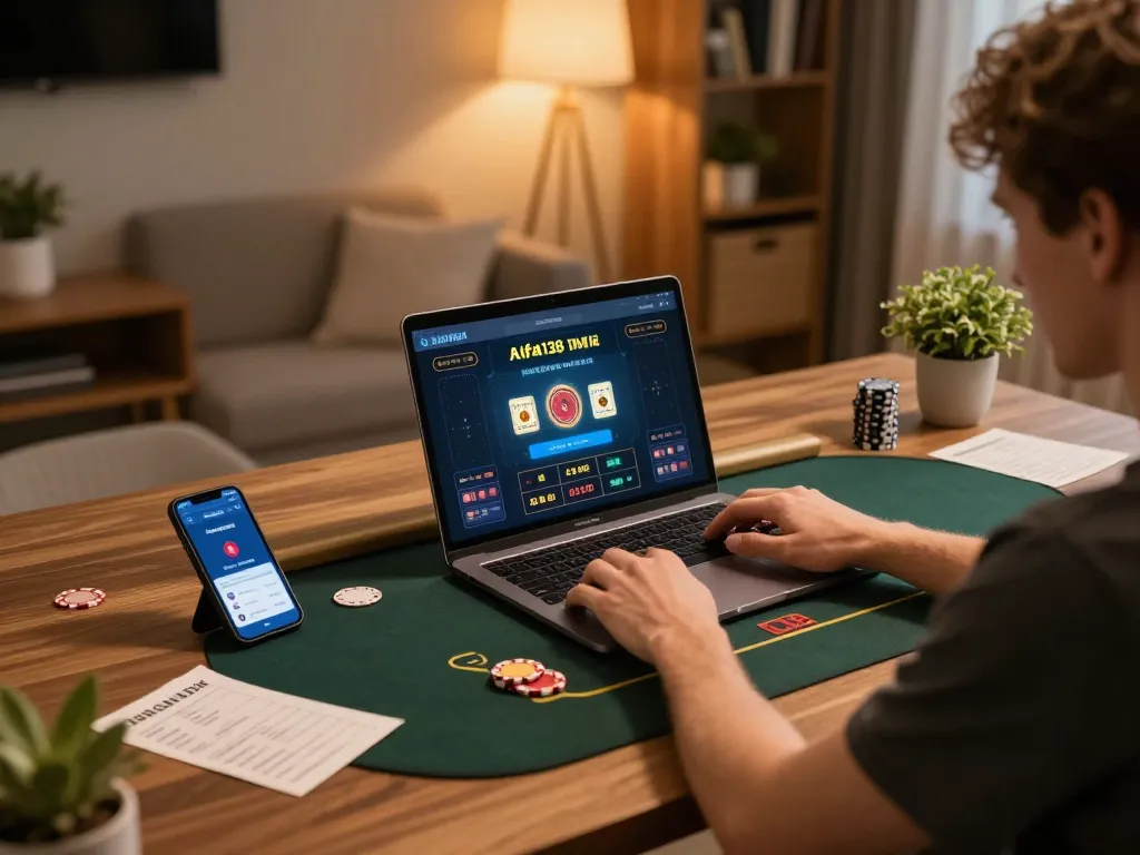 Orang yang bermain poker di aplikasi mobile alfa138 di pengaturan rumah modern