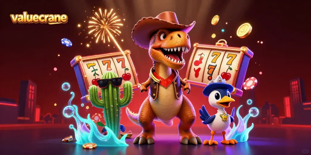 Ilustrasi kasino 3D yang menampilkan valuecrane dengan karakter kartun dinosaurus cowboy, simbol slot, dan koin emas.