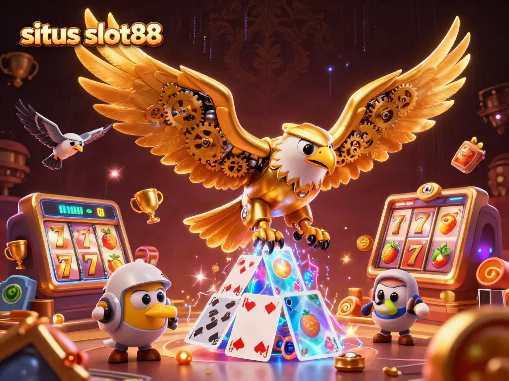 Experience thrilling gameplay with situs slot88, featuring vibrant 3D slot reels and a cybernetic eagle in action.