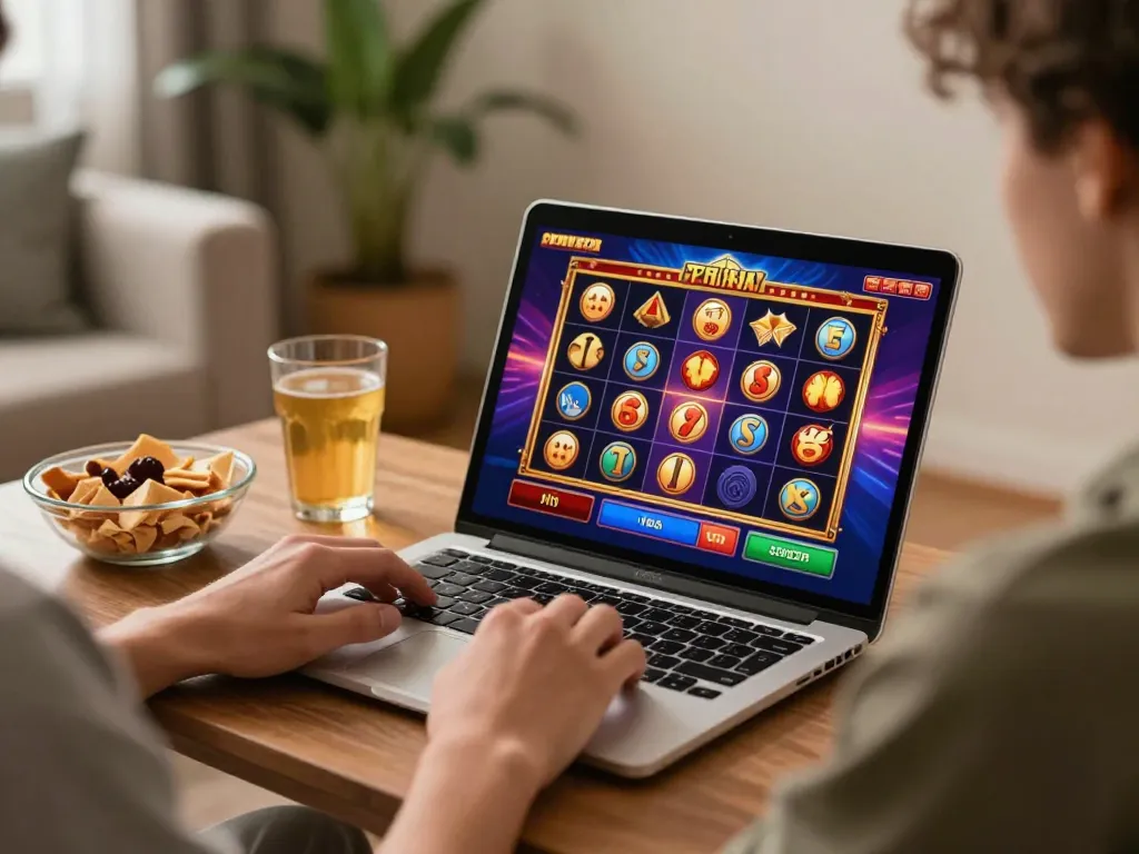 Enjoying an exciting online gaming session at peri11 with colorful slots displayed on the laptop screen, cozy home atmosphere.