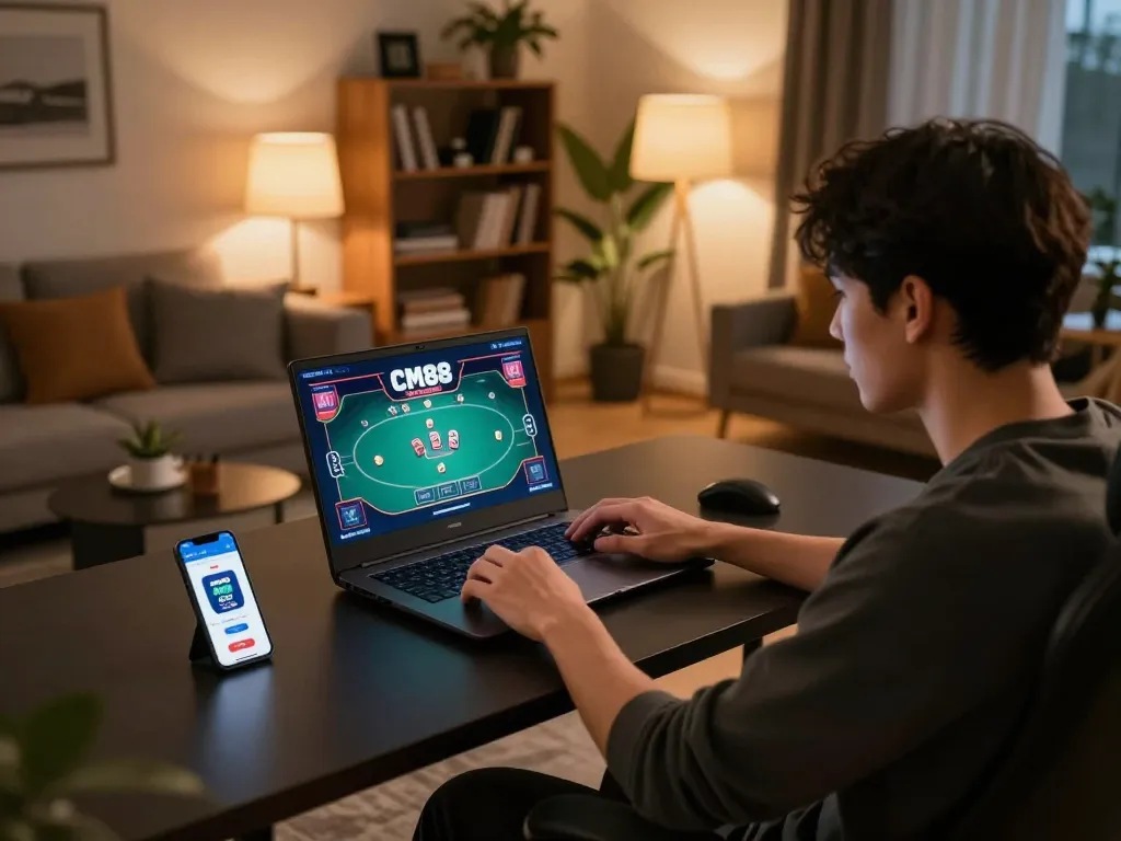 Engaged player using laptop for CM88 online casino gaming in modern living room setting