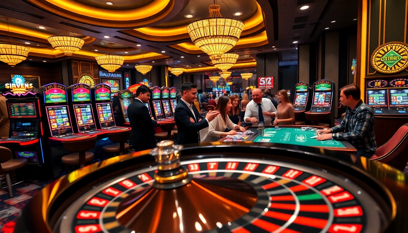 Excited players engaging at a vibrant casino table in situs11, with colorful poker chips and spinning roulette.