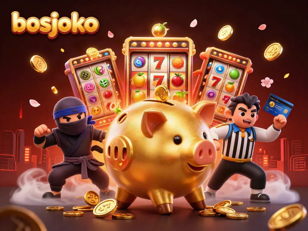 Experience exhilarating gaming with bosjoko, featuring dynamic 3D characters amidst vibrant slot machines and golden coins.
