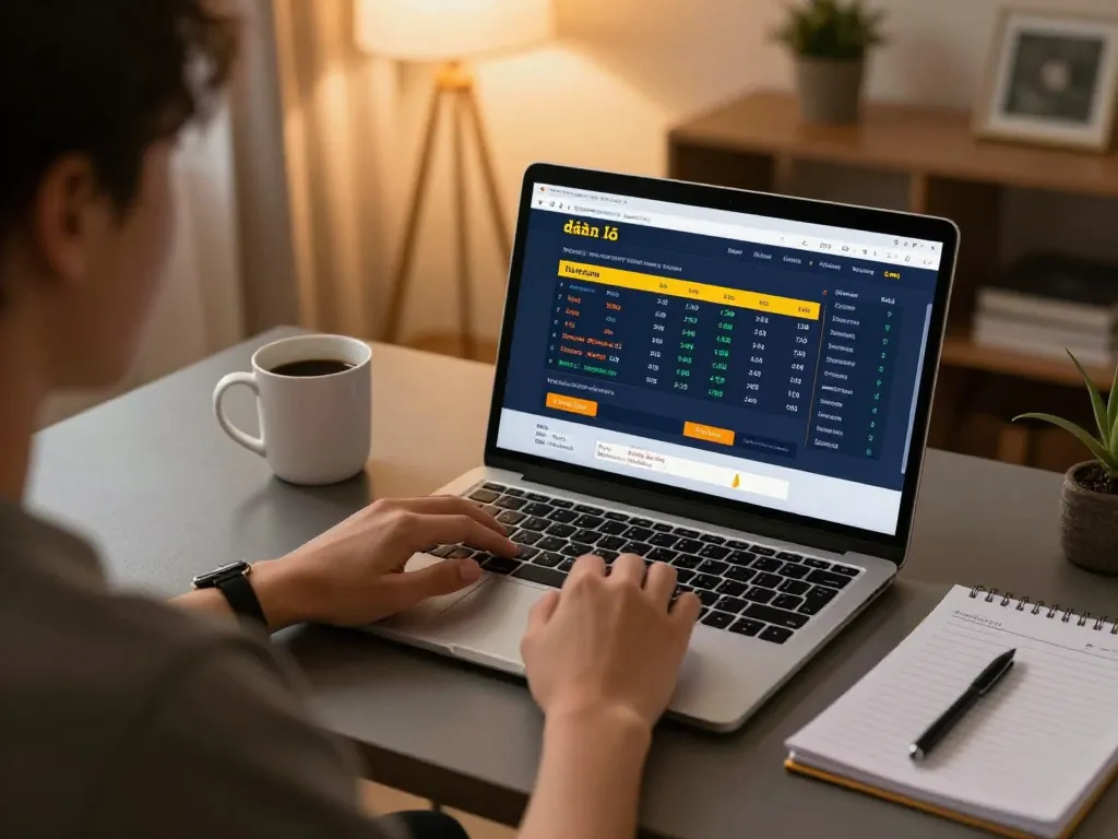 Engaging in đánh lô online from home, highlighting a player using laptop for betting.