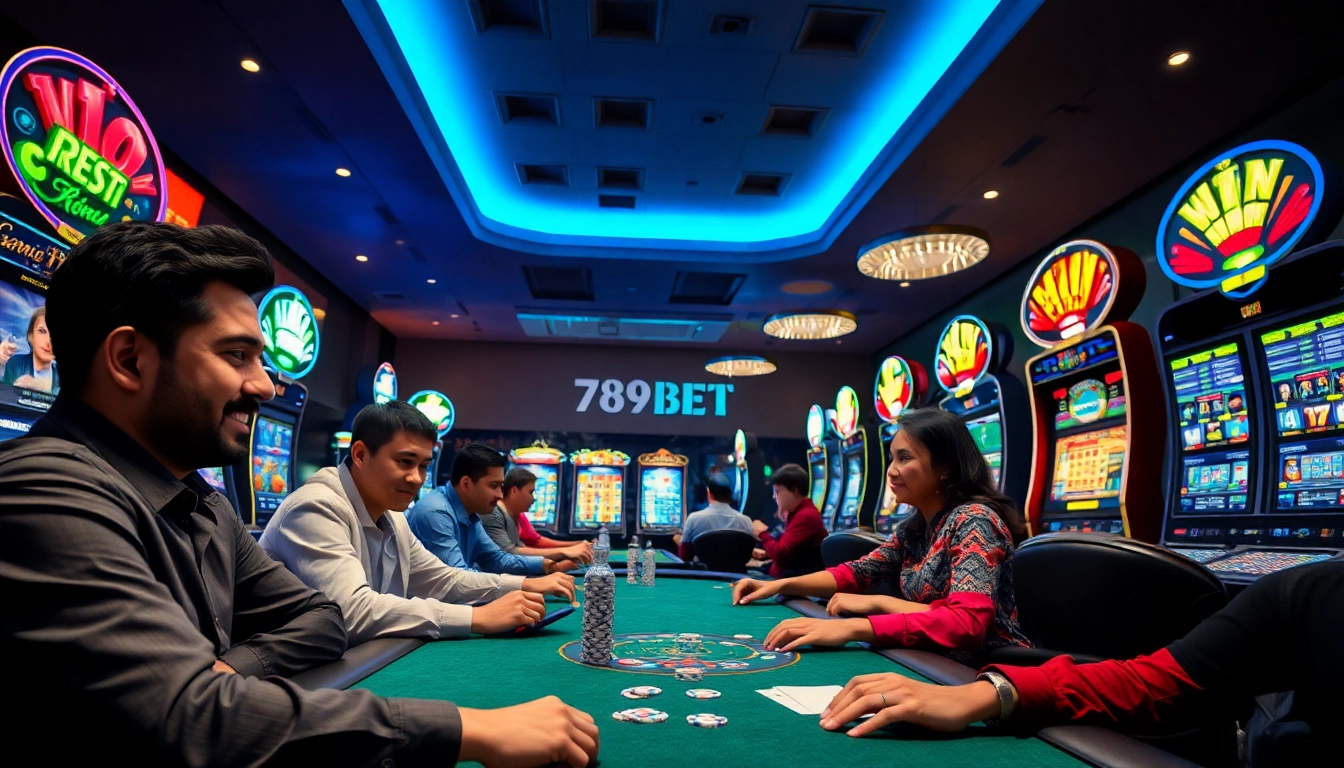 Exciting online gaming scene at https://789beta2.com/, featuring players engaging in poker and slot machines.