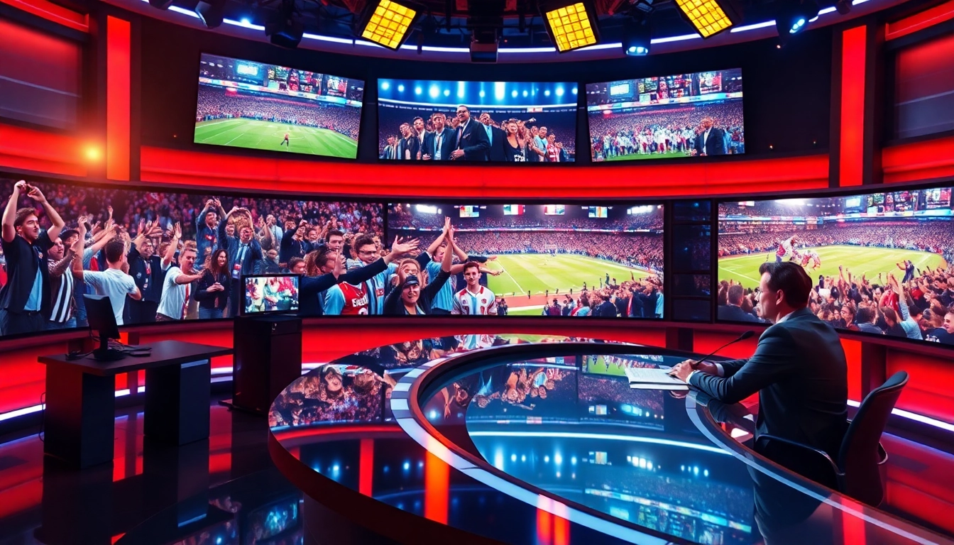 Engaging scene of Sports Broadcasting with hosts and dynamic event displays in a studio.