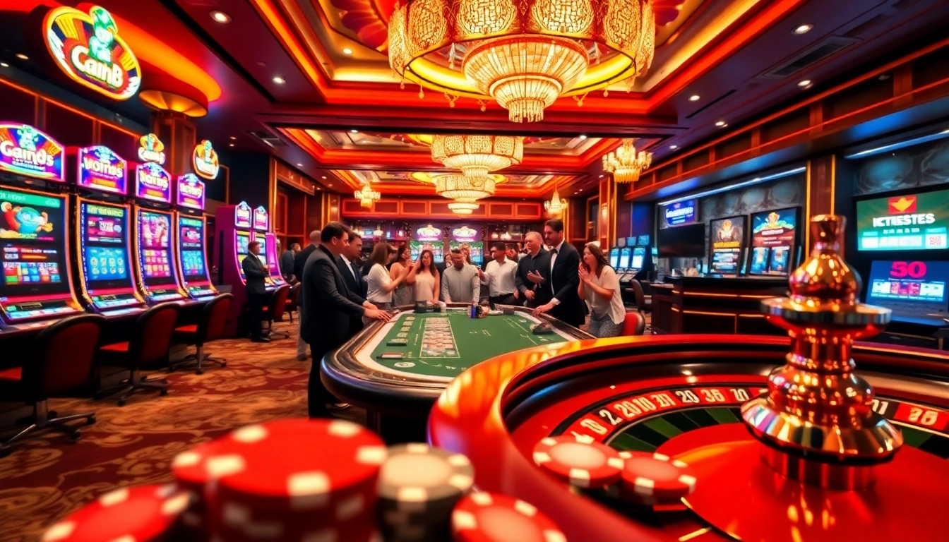 Exciting casino scene at xin88 featuring vibrant slot machines and poker tables.
