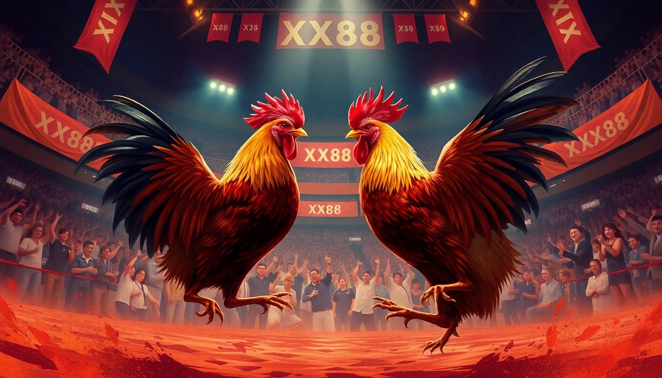 Intense cockfighting match under dramatic lights, embodied by the spirit of XX88.