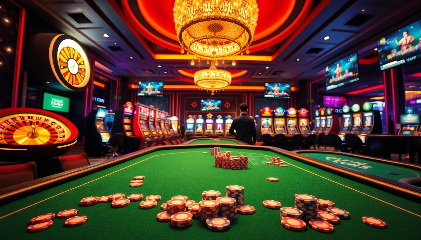 Engaging gameplay at trang chủ okfun, showcasing a vibrant casino atmosphere with roulette and poker tables.
