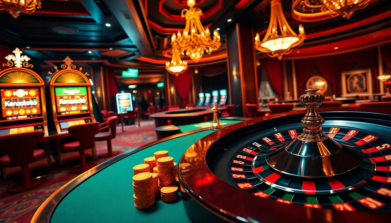Kenzototo slot machines and poker table in a vibrant casino environment showcasing online gambling excitement.