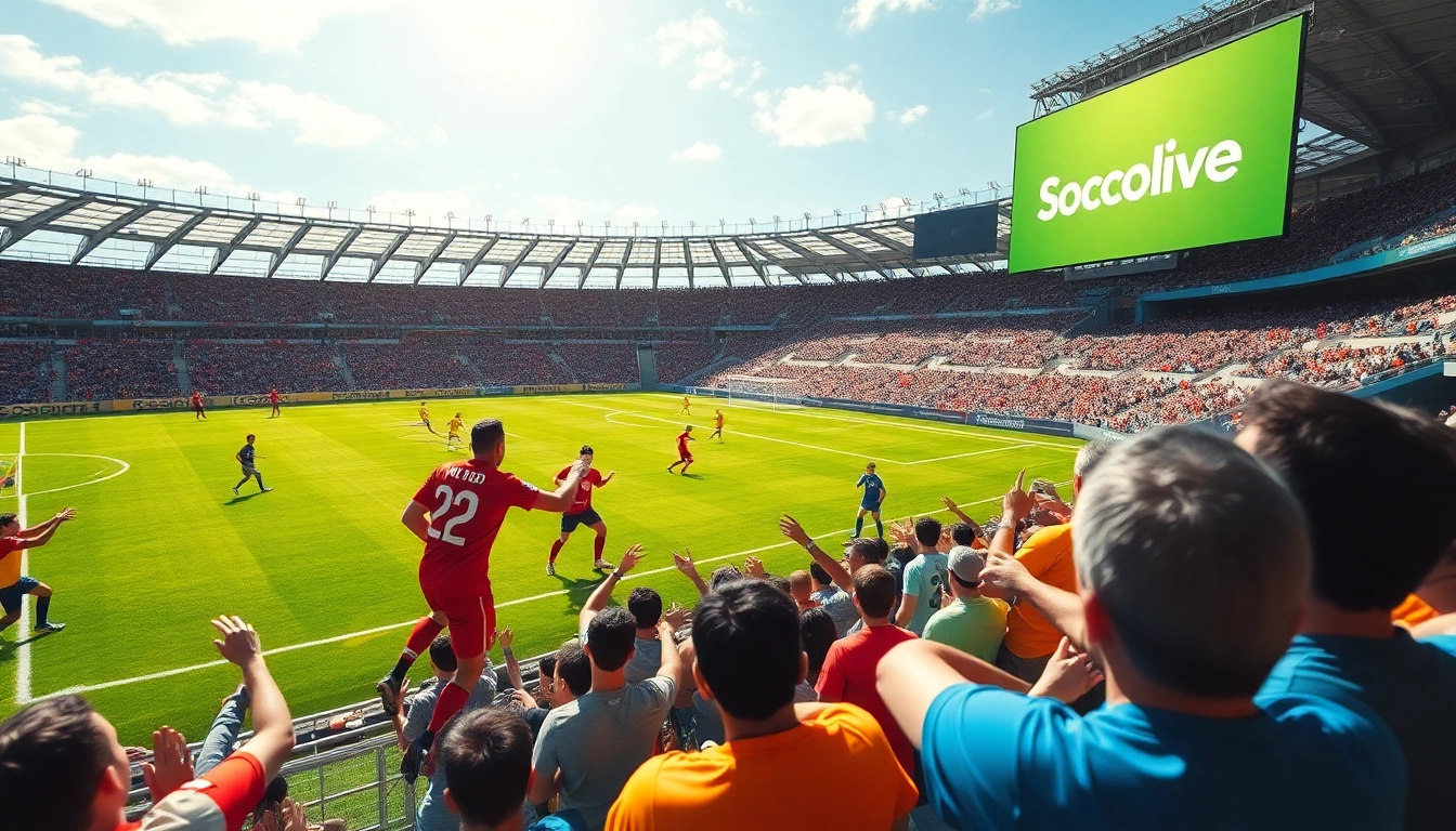 Socolive brings live soccer to fans, showcasing a thrilling match with energetic crowd and vibrant team colors.