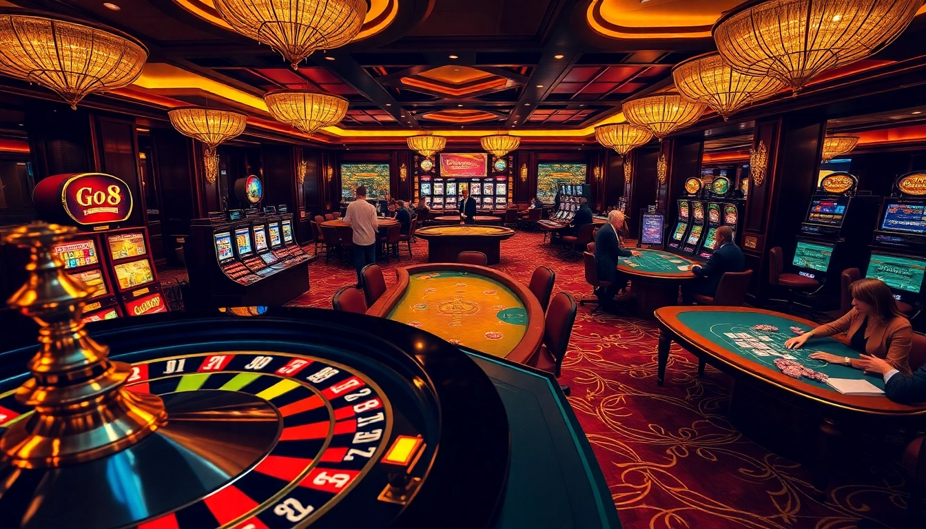 Experience GO8 casino excitement with players engaged in high-stakes poker and roulette.