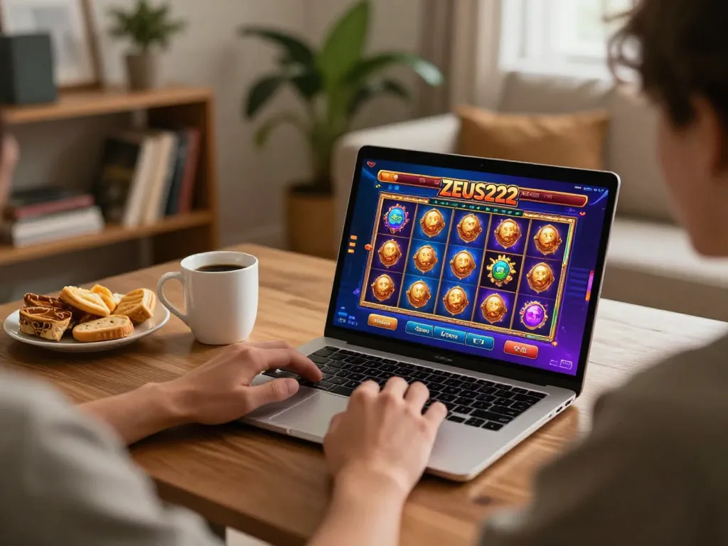 Engaged player at home enjoying ZEUS222 slots on a laptop in a cozy gaming setup.