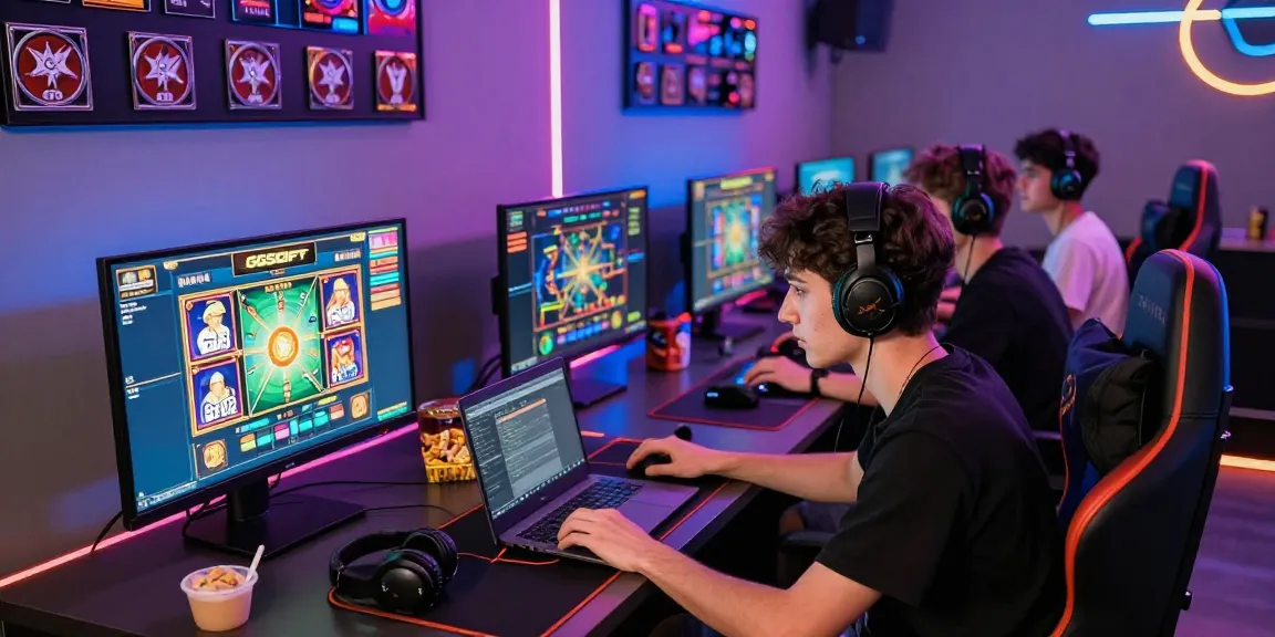 Pengalaman bermain game GGSOFT yang seru di ruang gaming modern dengan pencahayaan LED.